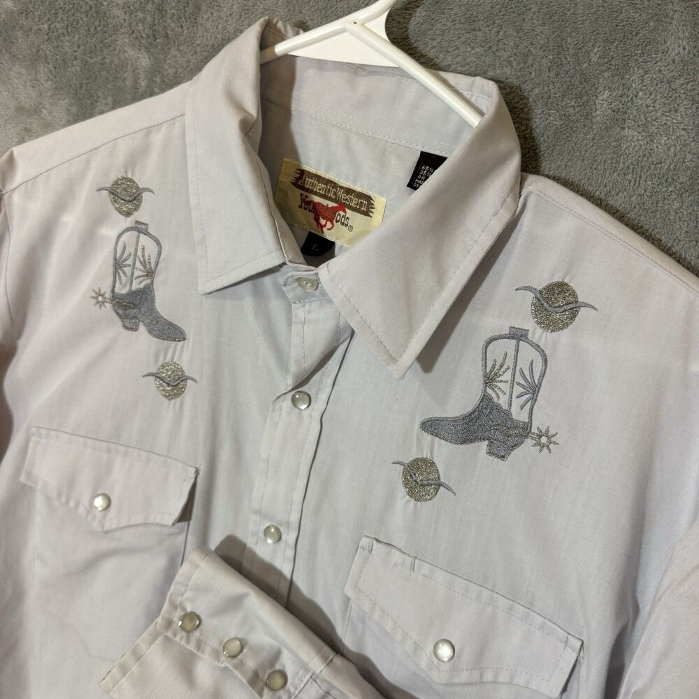 Authentic Western Youngbloods Shirt L Gray Pearl Snap Men Embroidered READ